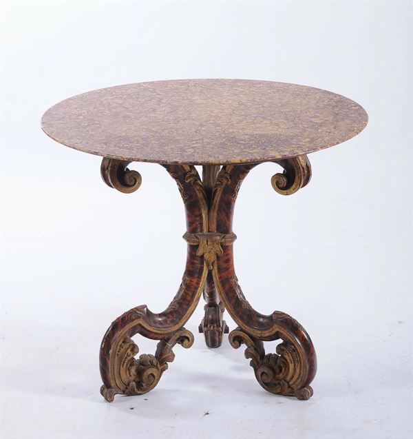 Tavolo circolare in legno laccato con piano in marmo, XIX secolo
