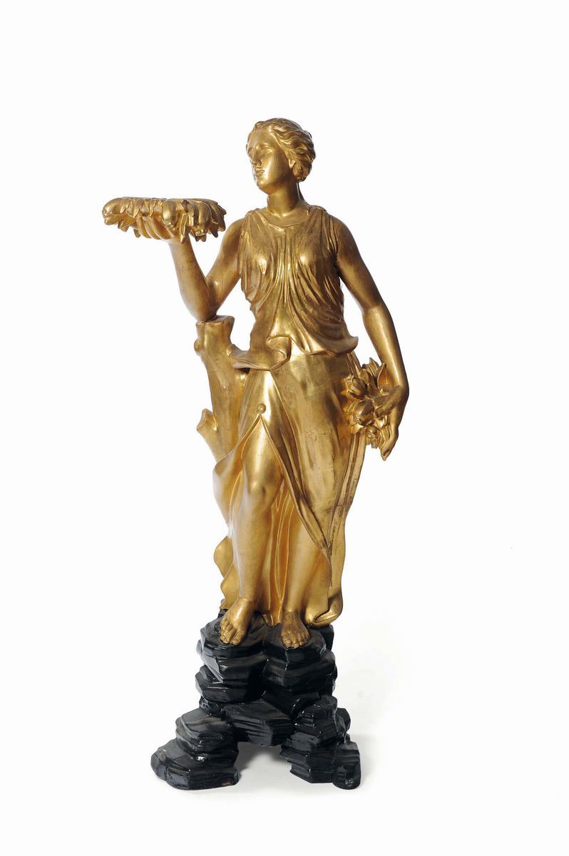 Scultura in legno dorato raffigurante figura femminile con porta vaso, XVIII secolo  - Auction Antique and Old Masters - II - Cambi Casa d'Aste