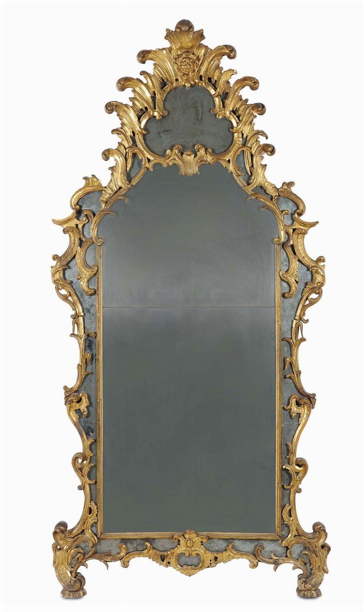 Specchiera Luigi XV in legno intagliato e dorato a mecca, XVIII secolo  - Asta Antiquariato e Dipinti Antichi - II - Cambi Casa d'Aste