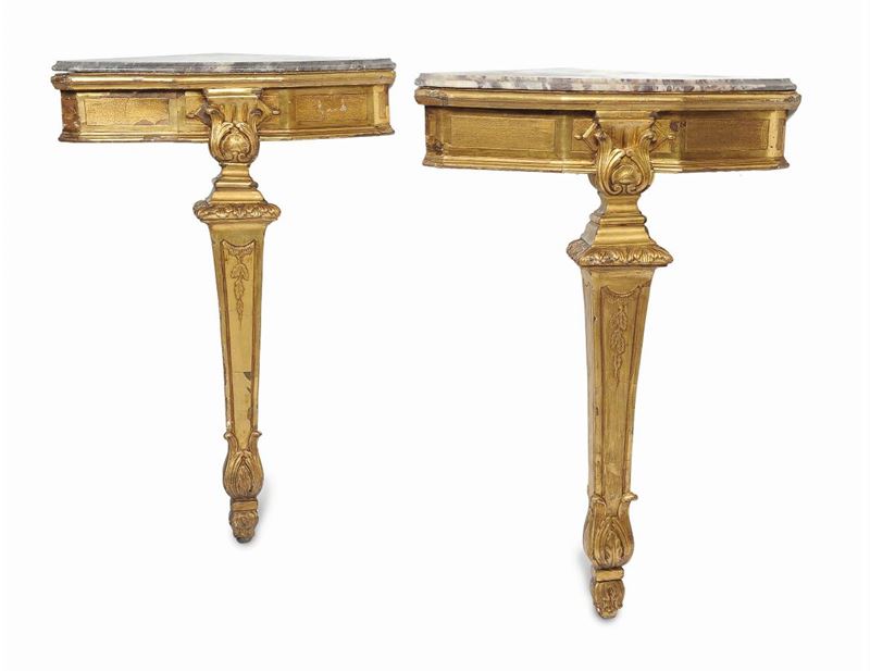 Coppia di consoline ad angolo in legno dorato, Genova fine XVIII secolo  - Auction Antique and Old Masters - II - Cambi Casa d'Aste