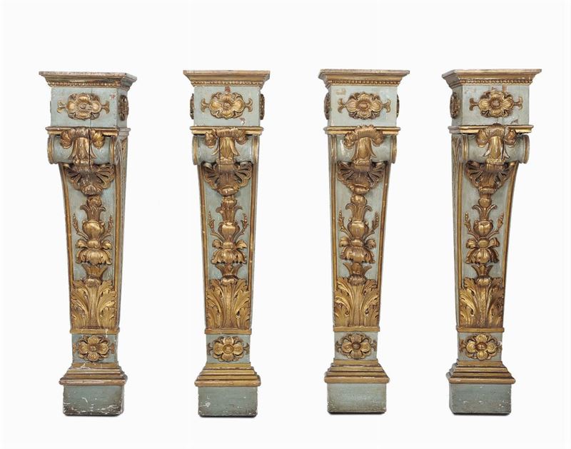Quattro lesene in legno intagliato, laccato e dorato, XIX secolo  - Auction Antique and Old Masters - II - Cambi Casa d'Aste