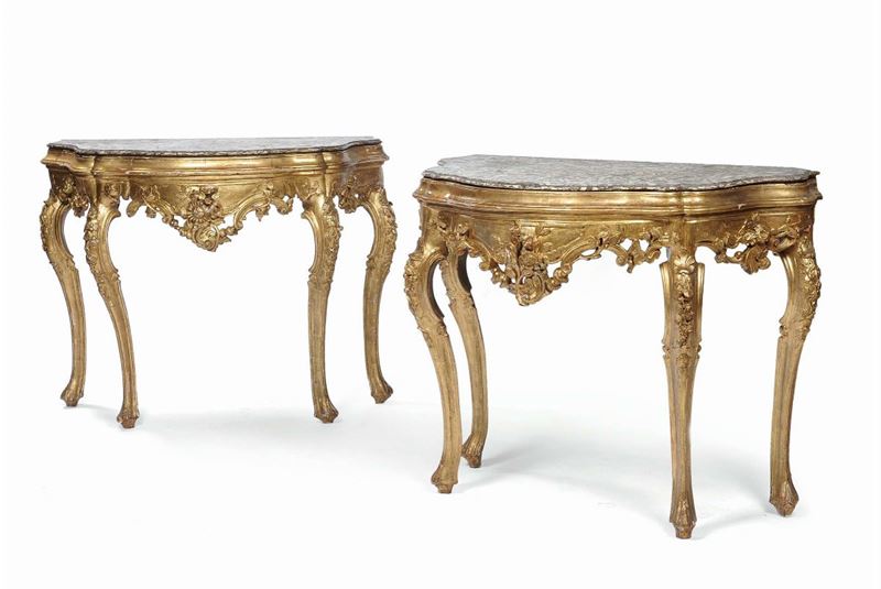 Coppia di console in legno intagliato e dorato, XVIII secolo  - Auction Antique and Old Masters - II - Cambi Casa d'Aste