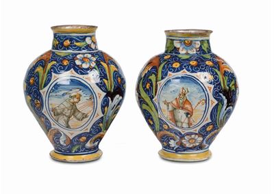 Coppia di Fiasche Ovoidali da Farmacia in Maiolica Policroma, Venezia XVI Secolo