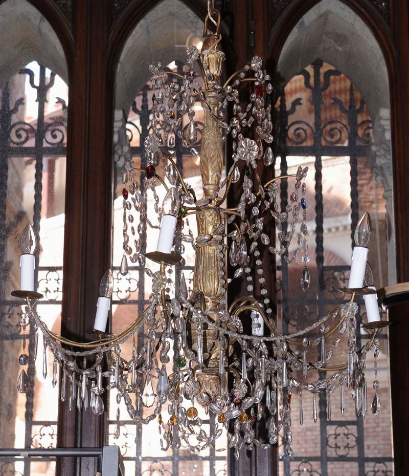 Lampadario Luigi XVI a sei luci in legno intagliato e cristalli, Genova XVIII secolo  - Auction Antique and Old Masters - II - Cambi Casa d'Aste