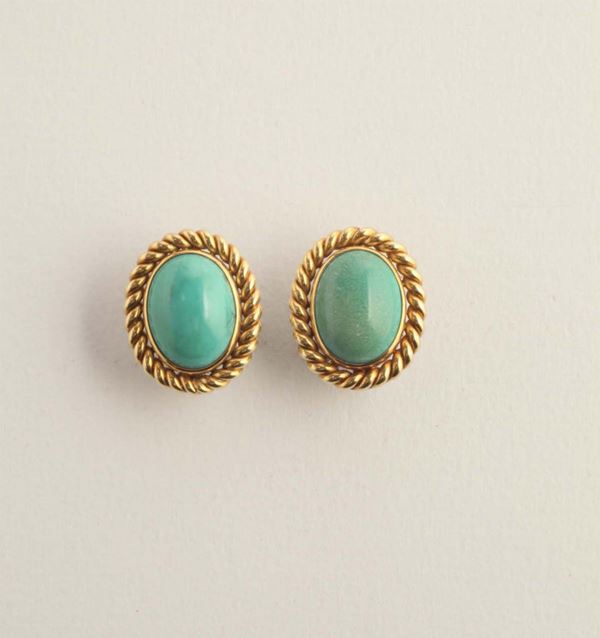 A pair of turquoise and gold earrings. Signed Ventrella, Rome