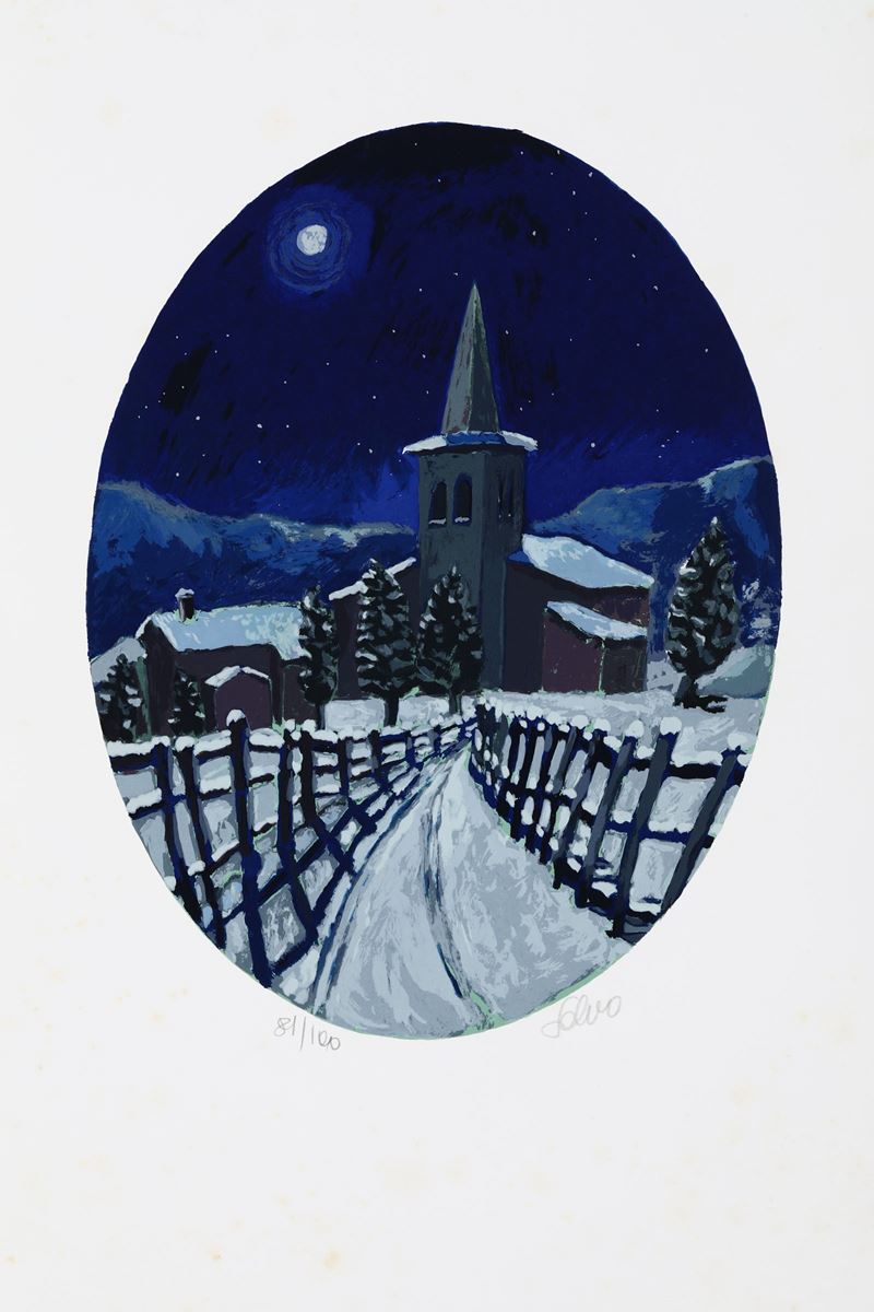Salvo : Senza titolo (Paesaggio invernale con campanile)  - litografia - Auction Prints & Multiples  - Cambi Casa d'Aste