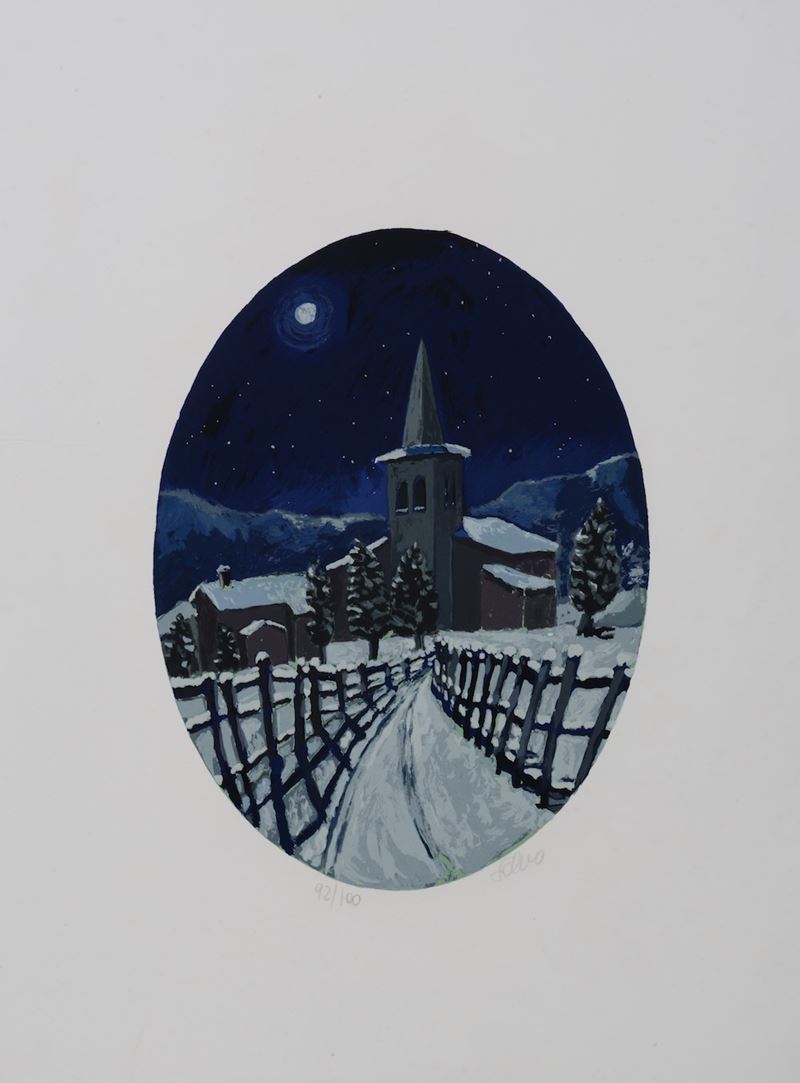 Salvo : Paesaggio invernale con campanile  - litografia - Asta Multipli e grafica internazionale - Cambi Casa d'Aste