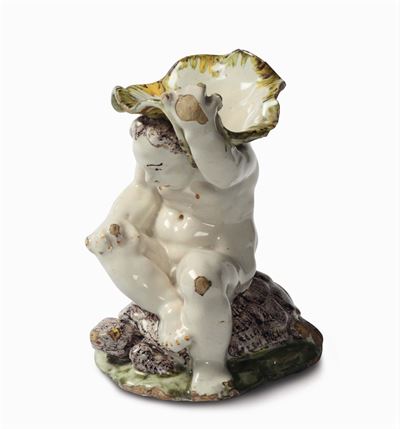 Vaso Portafiori in Maiolica a Guisa di Putto su Tartaruga, Jacques Boselly, Savona XVIII Secolo