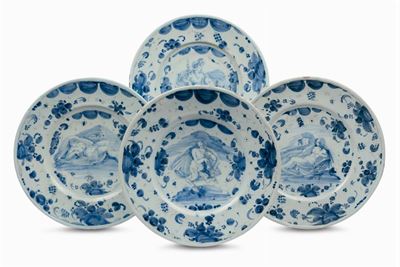 Quattro Piatti in Maiolica con Decoro “a Tappezzeria”, Albisola Seconda Metà del XVII Secolo