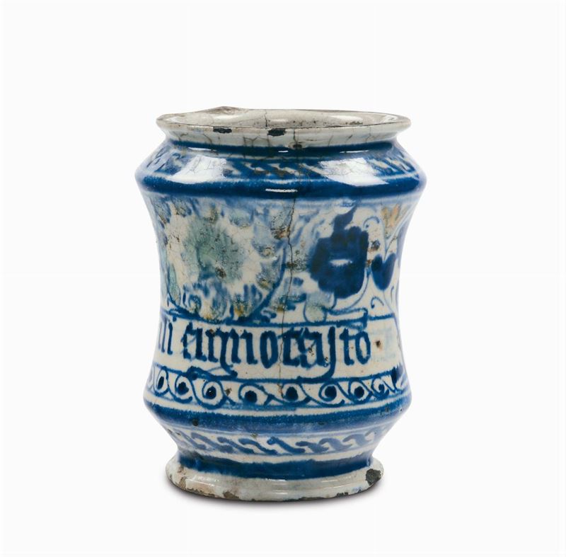 Piccolo albarello di farmacia in maiolica a decoro vegetale, Faenza XVII secolo  - Asta Maioliche Italiane dal XVI al XVIII Secolo - Cambi Casa d'Aste