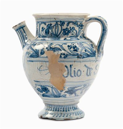 Boccale in Maiolica di Farmacia a Decoro Calligrafico Naturalistico, Savona Seconda Metà del XVII...