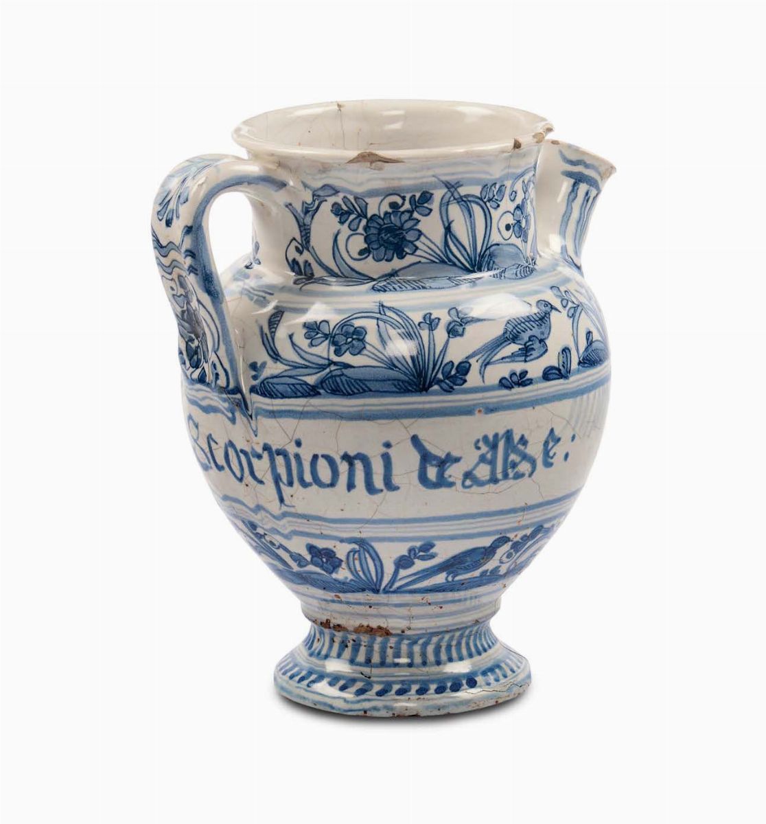 Boccale in Maiolica di Farmacia a Decoro Calligrafico Naturalistico, Savona Seconda Metà del XVII...
