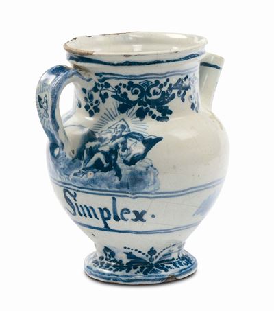 Boccale in Maiolica di Farmacia con Decoro a Pizzetto e Istoriato, Savona XVIII Secolo