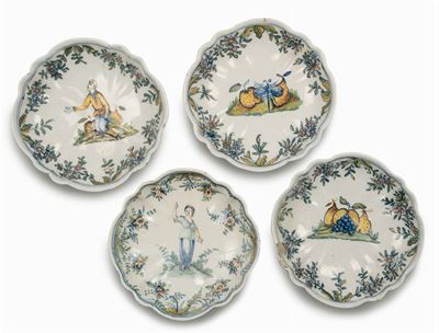 Quattro Ciotole con Decoro alla Frutta e Figure, Lodi o Pavia, XVIII Secolo