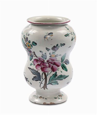Albarello in Maiolica di Farmacia con Decoro alla Rosa, Casali e Callegari, Pesaro XVIII Secolo