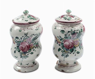 Coppia di Albarelli in Maiolica con Decoro alla Rosa, Pesaro XVIII Secolo