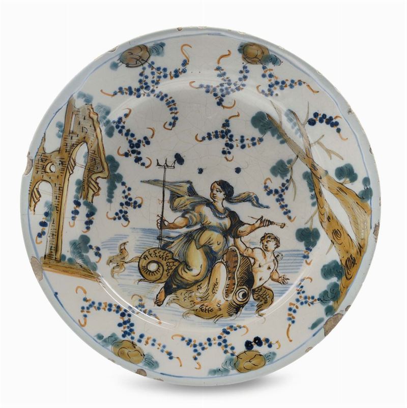Piatto in maiolica a “figurette e rovine”, Albisola o Savona XVIII secolo  - Asta Maioliche Italiane dal XVI al XVIII Secolo - Cambi Casa d'Aste