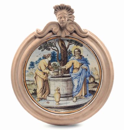Grande Disco in Maiolica Policroma con Cristo e la Samaritana al Pozzo, Castelli XVIII Secolo