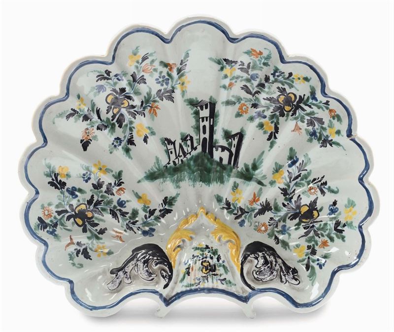 Grande bacile da barbiere in maiolica, Pavia XVIII secolo  - Asta Maioliche Italiane dal XVI al XVIII Secolo - Cambi Casa d'Aste
