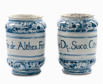 Coppia di Grandi Albarelli di Farmacia in Maiolica con Decoro Calligrafico Naturalistico, Albisol...