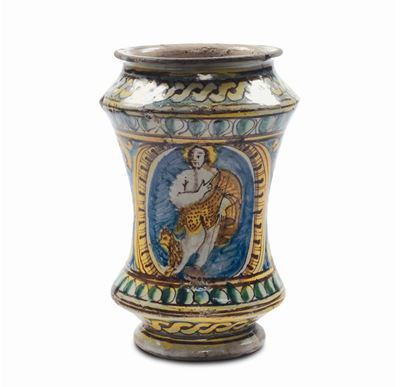Albarello di Farmacia in Maiolica Policromo Raffigurante San Giovanni, Burgio o Sciacca, XVII-XVI...