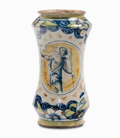 Grande Albarello in Maiolica con San Giovanni Battista Entro Medaglione, Venezia XVI Secolo