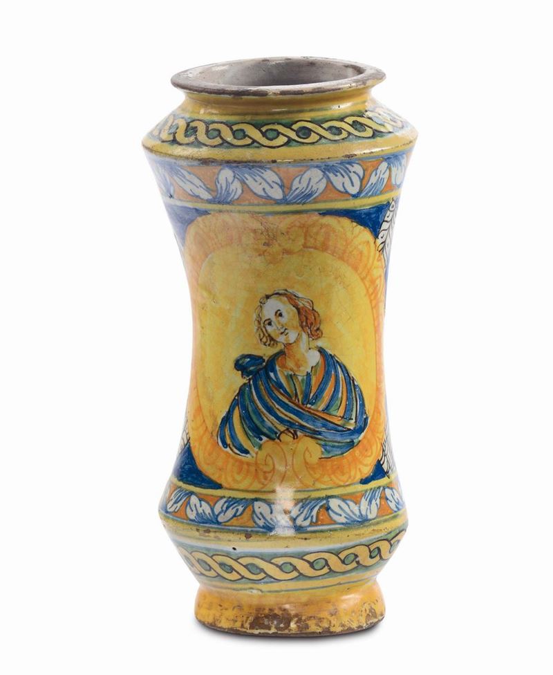 Albarello in maiolica con San Giovanni, Sicilia, forse Collesano, XVII secolo  - Asta Maioliche Italiane dal XVI al XVIII Secolo - Cambi Casa d'Aste