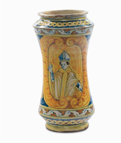 Albarello in Maiolica con Vescovo, Sicilia XVII Secolo