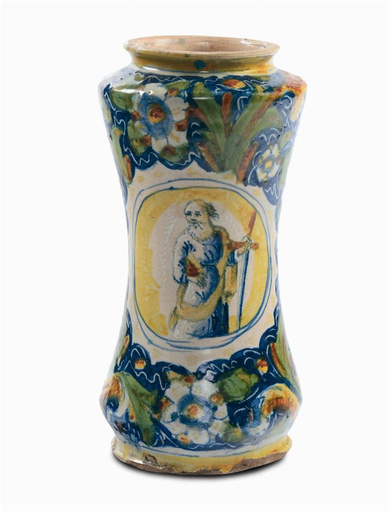 Albarello in maiolica con raffigurazione di San Paolo, Venezia XVI secolo  - Asta Maioliche Italiane dal XVI al XVIII Secolo - Cambi Casa d'Aste
