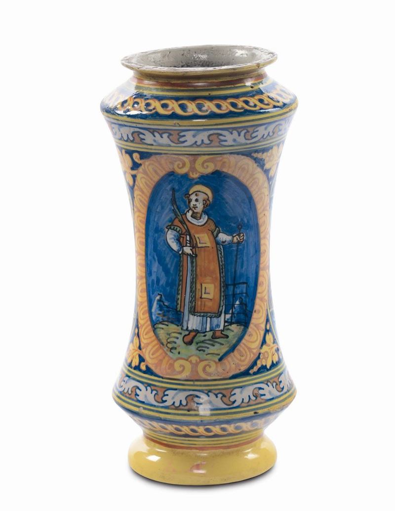 Albarello in maiolica con San Lorenzo, Faenza o Palermo XVI secolo  - Asta Maioliche Italiane dal XVI al XVIII Secolo - Cambi Casa d'Aste