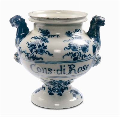Vaso da Elettuari di Farmacia in Maiolica con Decorazione Floreale in Blu, Savona XVIII Secolo