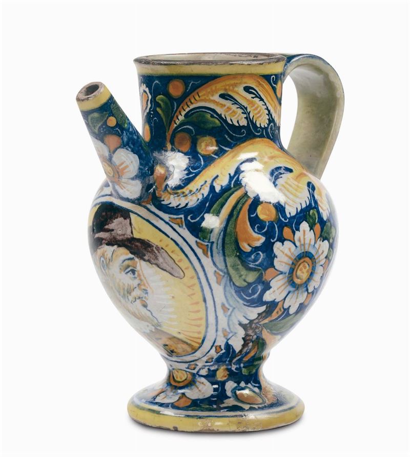 Boccale in maiolica a doppio medaglione con ritratti maschili, Venezia XVI secolo  - Asta Maioliche Italiane dal XVI al XVIII Secolo - Cambi Casa d'Aste