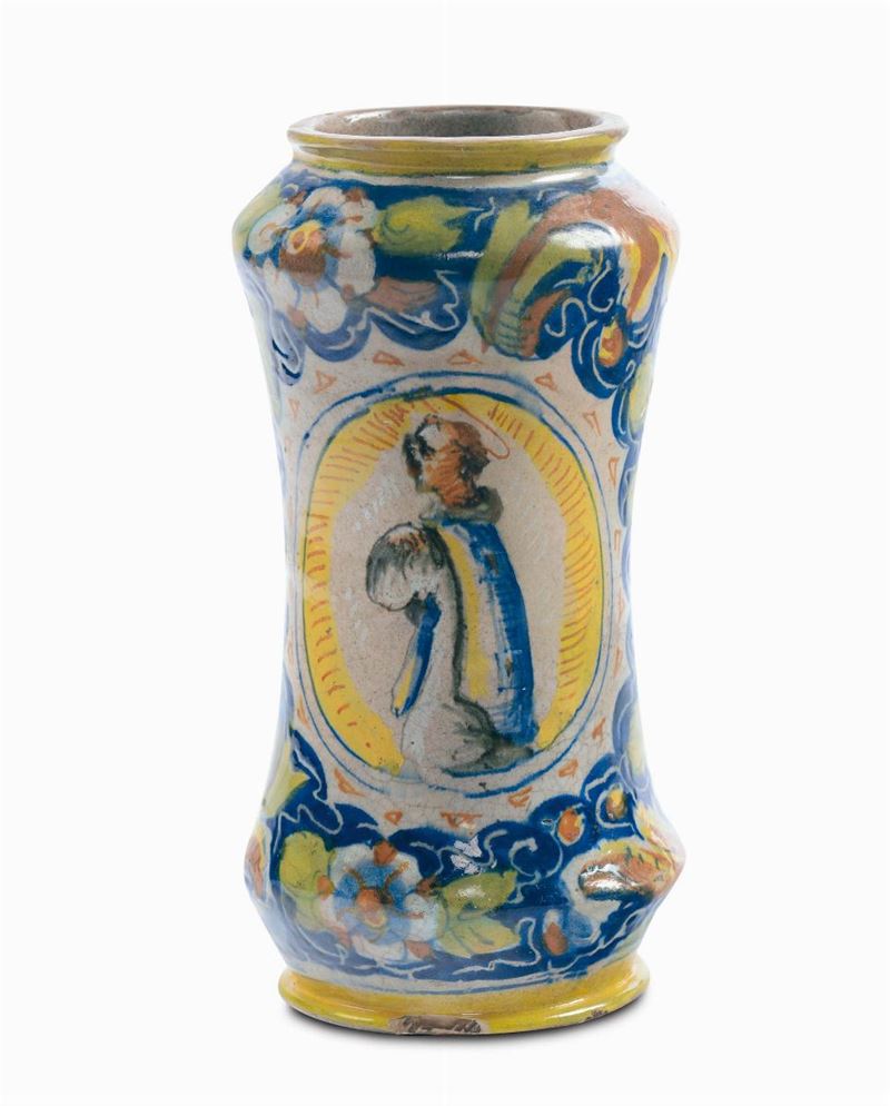 Albarello con Santa entro medaglione, Venezia XVII secolo, altezza cm 25  - Asta Maioliche Italiane dal XVI al XVIII Secolo - Cambi Casa d'Aste