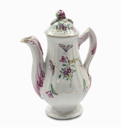 Caffettiera in Maiolica con Decoro alla Rosa e Farfalle, Verdinelli, Monte Milone (pollenza) XVII...