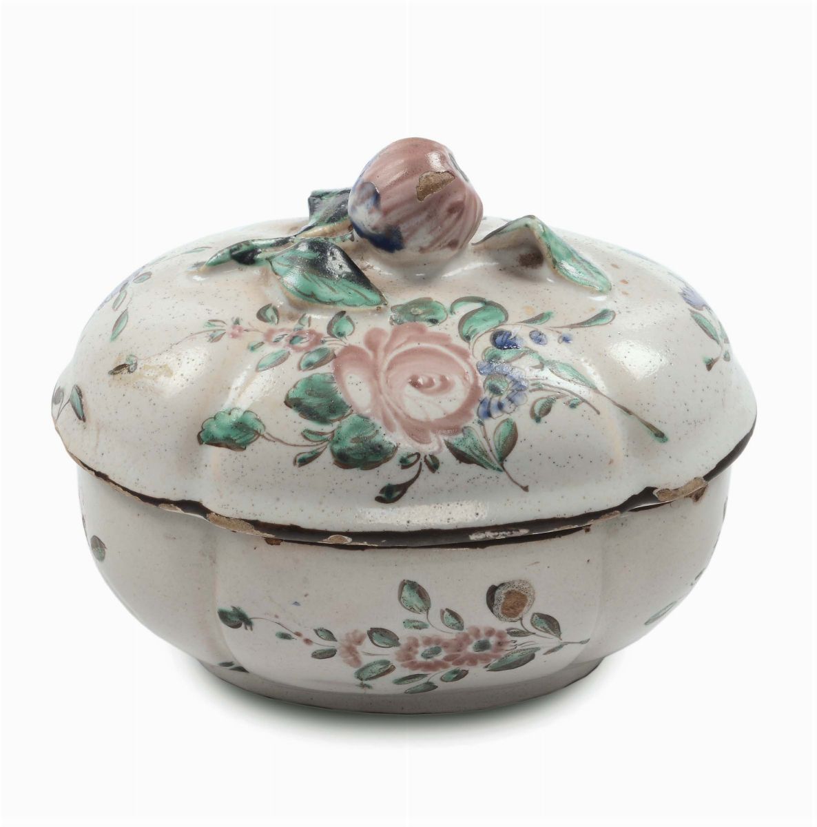 Zuccheriera in Maiolica con Decoro alla Rosa, Pesaro o Faenza XVIII Secolo