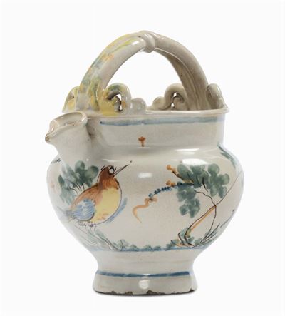 Boccale con Manico a Canestro in Maiolica con Decorazione a “uccelli e Prezzemolo”, Savona XVIII ...