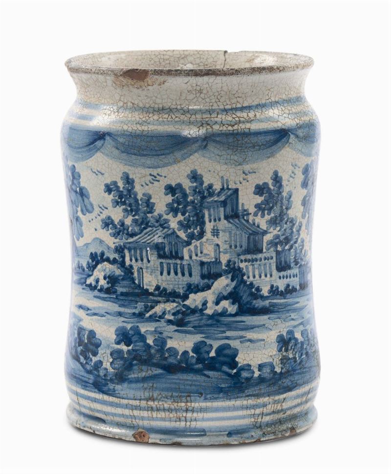 Grande albarello con paesaggio in monocromia bianca e blu, Napoli XVIII secolo  - Asta Maioliche Italiane dal XVI al XVIII Secolo - Cambi Casa d'Aste