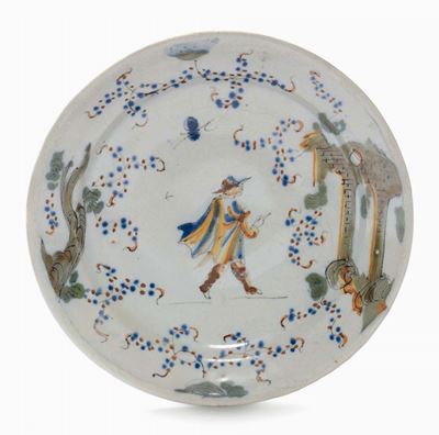Piatto in Maiolica con Decoro a “figurette e Rovine”, Savona XVIII Secolo