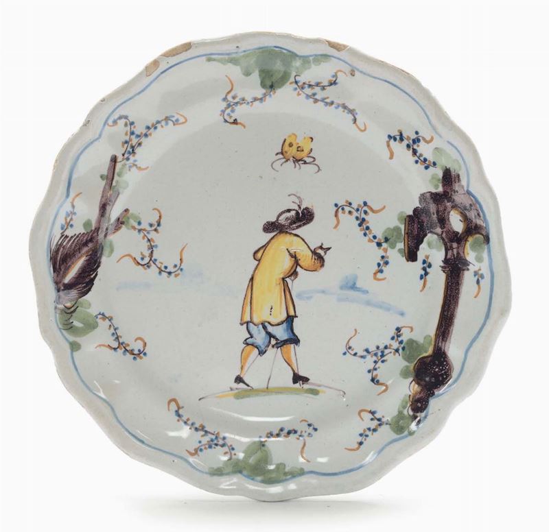 Piatto in maiolica con decoro a figuretta e rovine, Savona XVIII secolo  - Asta Maioliche Italiane dal XVI al XVIII Secolo - Cambi Casa d'Aste
