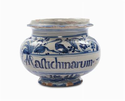 Pilloliere in Maiolica a Decoro Calligrafico Naturalistico, Albisola XVII Secolo