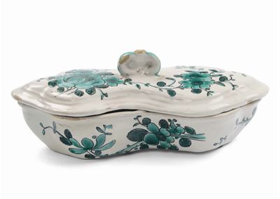 Saliera Doppia in Maiolica a Decorazione Monocroma Verde. Jacques Boselly, Savona XVIII Secolo