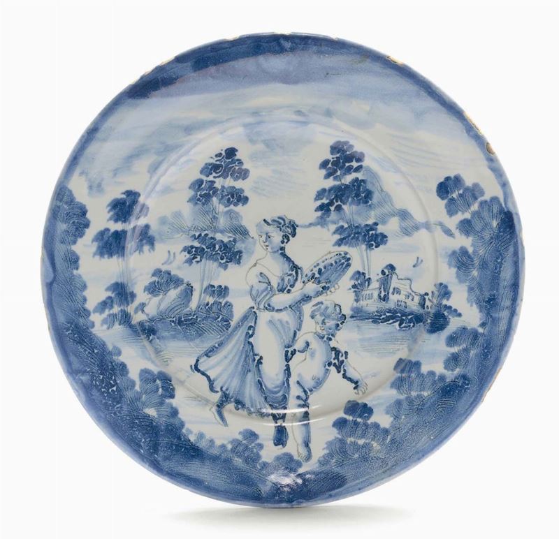 Piatto in maiolica con decoro a scenografia barocca, Albisola XVIII secolo  - Auction Italian Majolica from 16th to 18th Century - Cambi Casa d'Aste