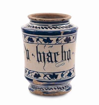 Albarello di Farmacia in Maiolica con Decorazione Vegetale in Monocromia Turchina, Faenza XVII Se...