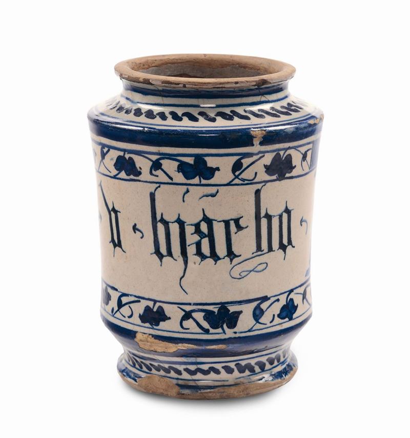 Albarello di farmacia in maiolica con decorazione vegetale in monocromia turchina, Faenza XVII secolo  - Asta Maioliche Italiane dal XVI al XVIII Secolo - Cambi Casa d'Aste