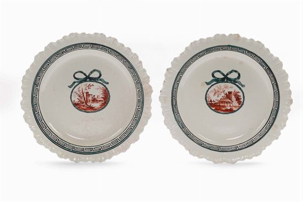 Coppia di piatti in terraglia con decoro di paesaggi, Jacques Boselly, Savona XVIII secolo
