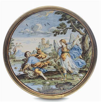 Disco in Maiolica Raffigurante Tobiolo e L’angelo, Castelli XVIII Secolo