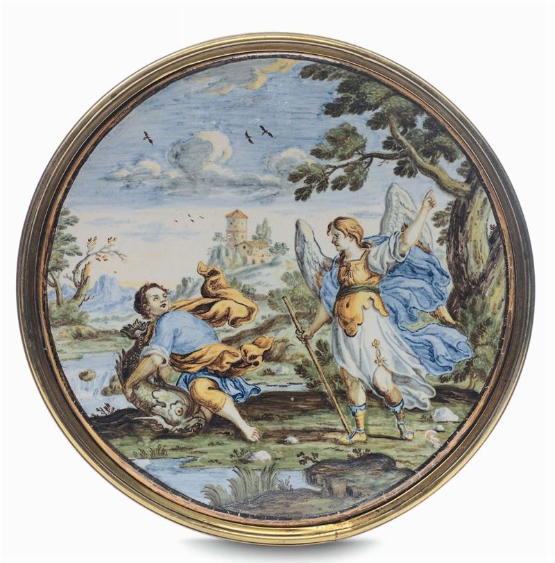 Disco in maiolica raffigurante Tobiolo e l’Angelo, Castelli XVIII secolo  - Auction Italian Majolica from 16th to 18th Century - Cambi Casa d'Aste