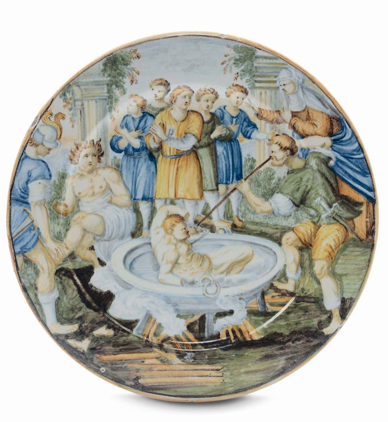 Piattino in maiolica decorato con scena di martirio, Castelli XVIII secolo  - Asta Maioliche Italiane dal XVI al XVIII Secolo - Cambi Casa d'Aste