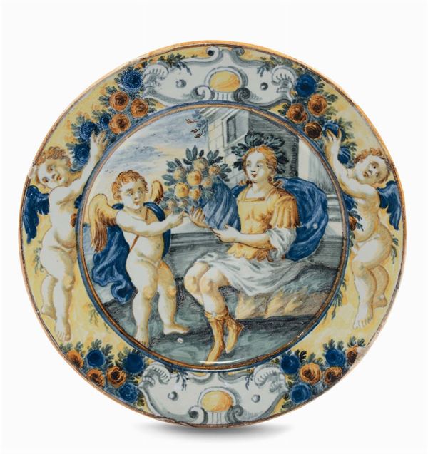 Piattino in maiolica decorato con allegoria dell’abbondanza, Castelli XVIII secolo