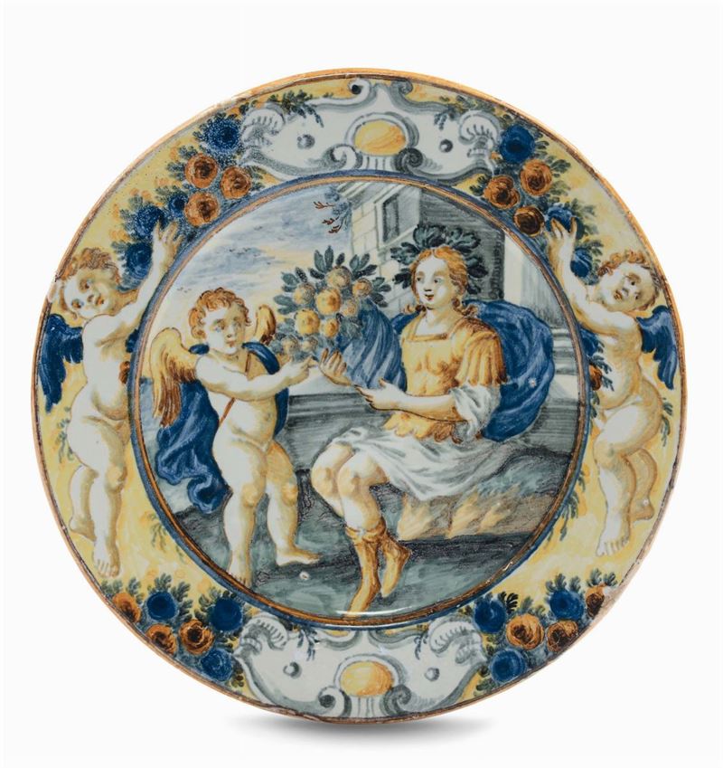 Piattino in maiolica decorato con allegoria dell’abbondanza, Castelli XVIII secolo  - Auction Italian Majolica from 16th to 18th Century - Cambi Casa d'Aste